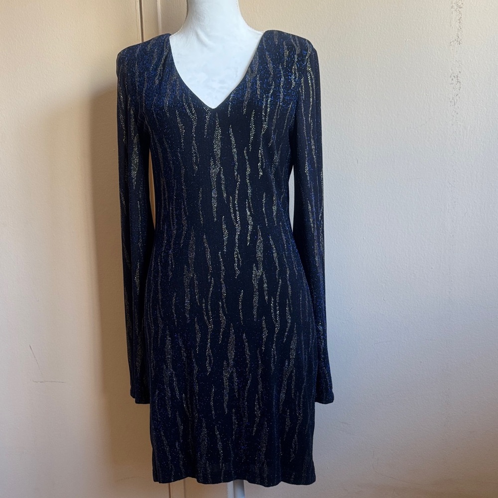 Elegant Blue and Gold Long Sleeve Dress SIZE  L